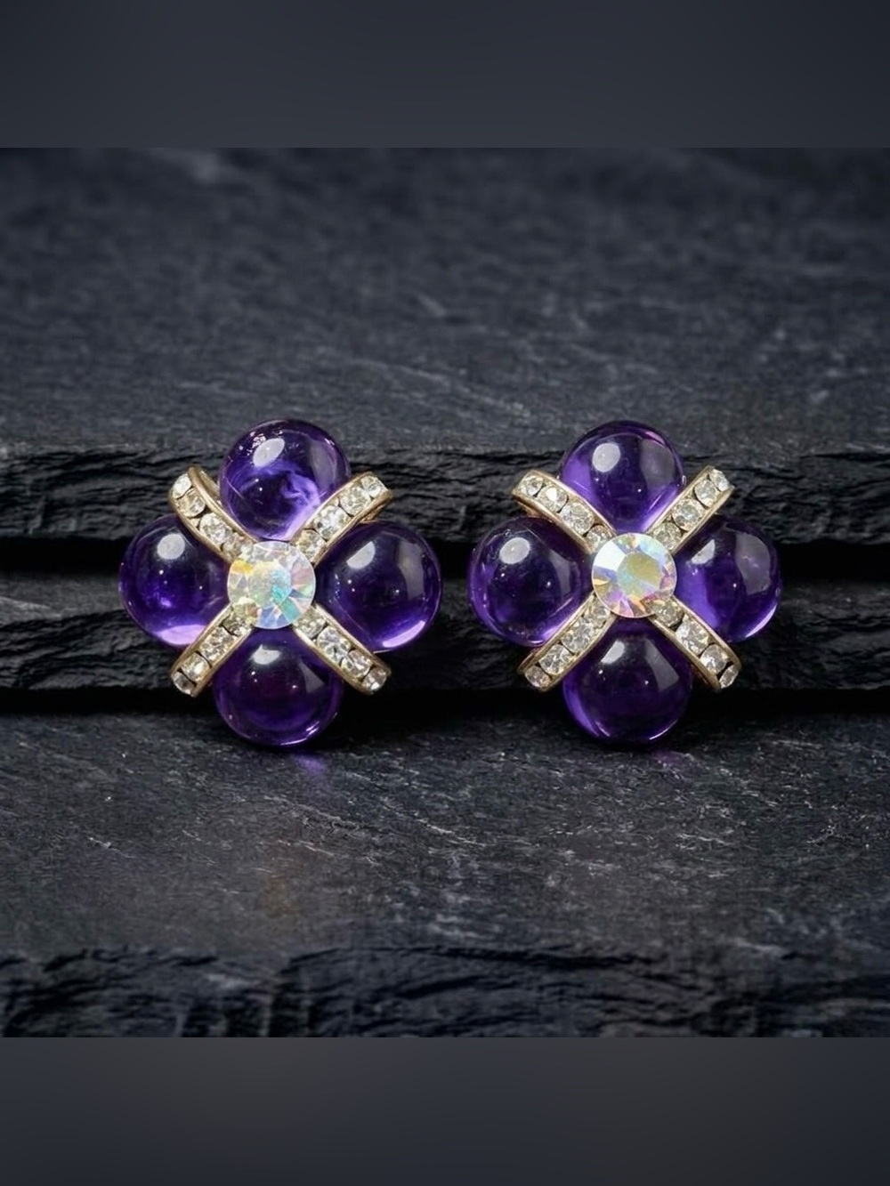 Vintage 50s Purple Lucite Aurora Borealis Cross Rhinestone Cluster Clip Earrings